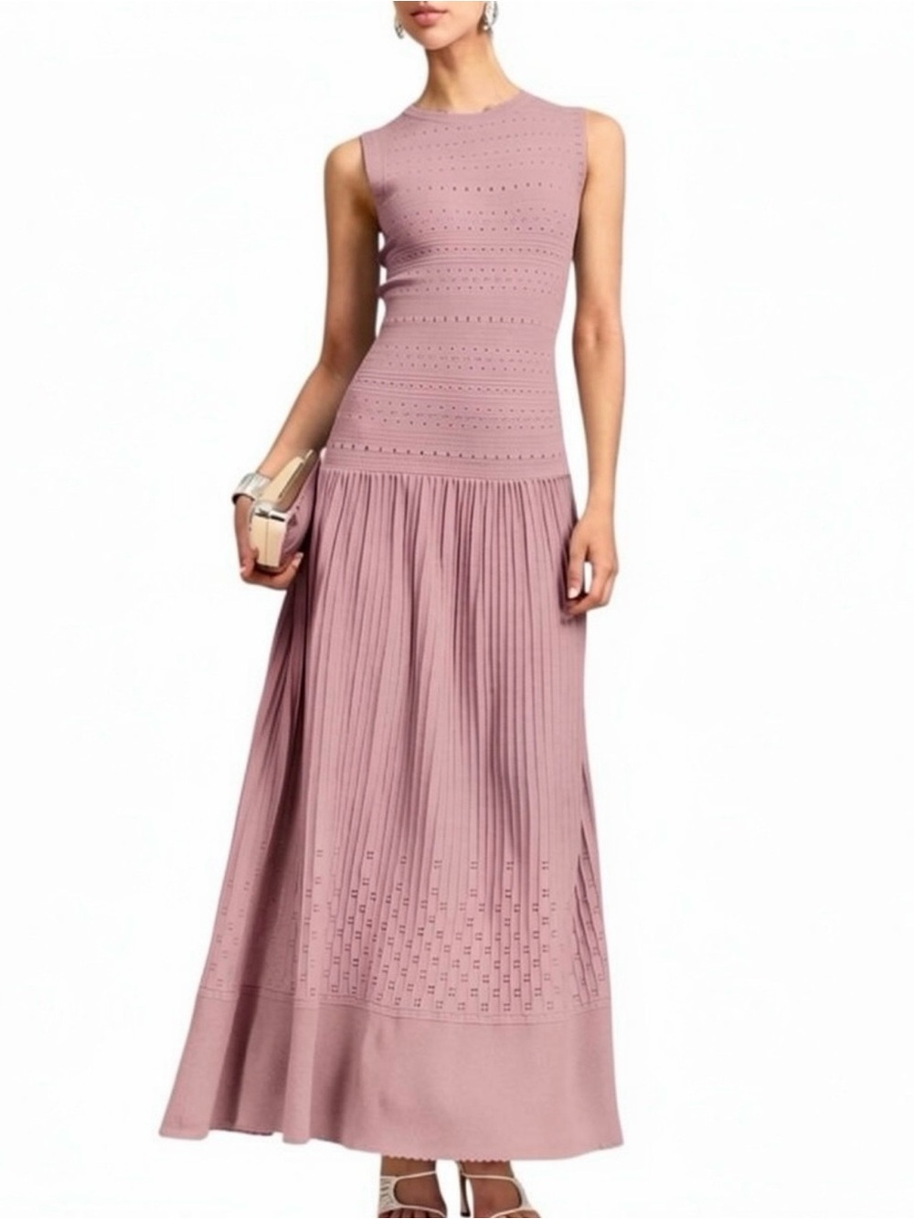 Commense Dusty Rose Pointelle Knit Pleated Maxi Dress Medium NWT